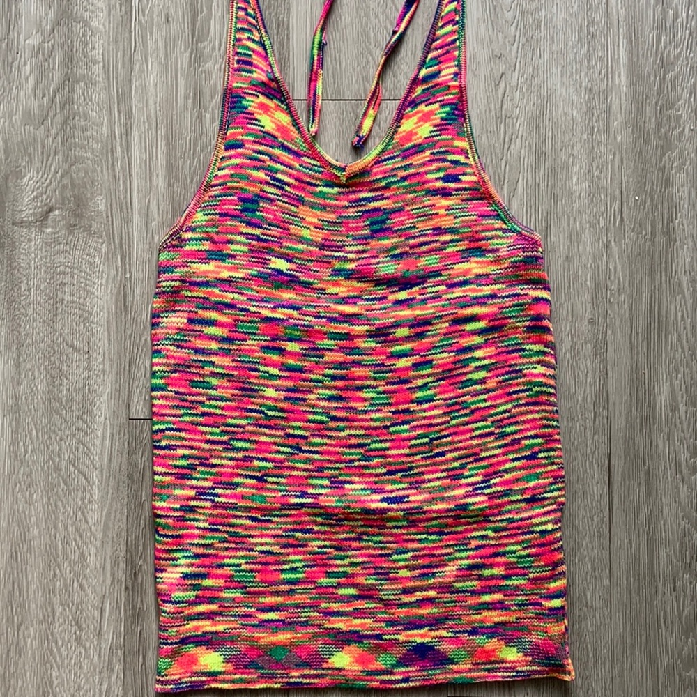 Halterneck knit colorful mini dress